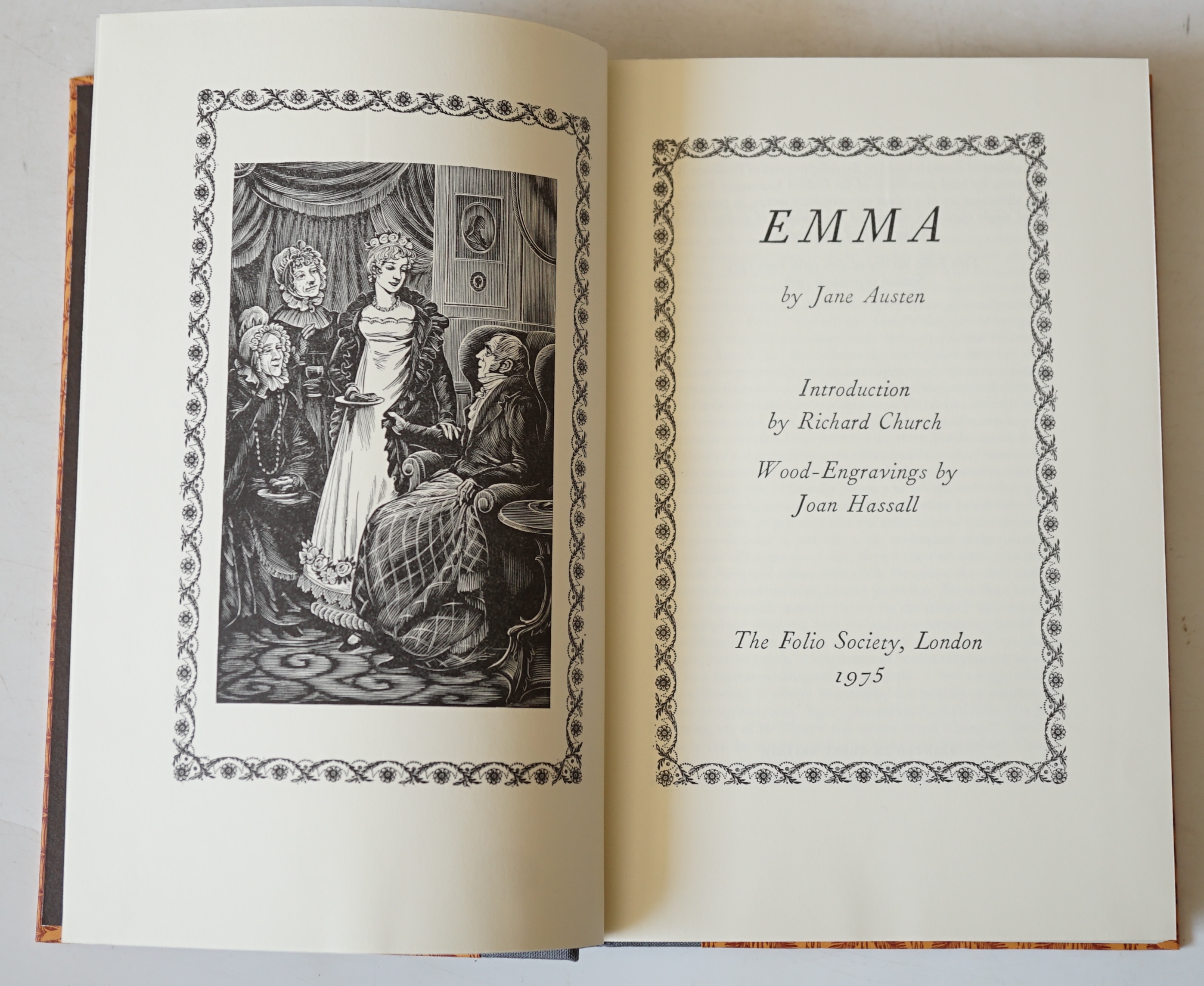 Austen, Jane - Folio Society Collected Edition, 7 vols. illustrated by Joan Hassall & introductions by Richard Church; gilt decorated cloth backed patterned boards, pictorial e/ps., boxed set. 2nd impressions, 1978 (of t